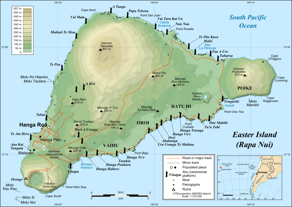 Mapa da Ilha de Páscoa. Ilustração: Reprodução