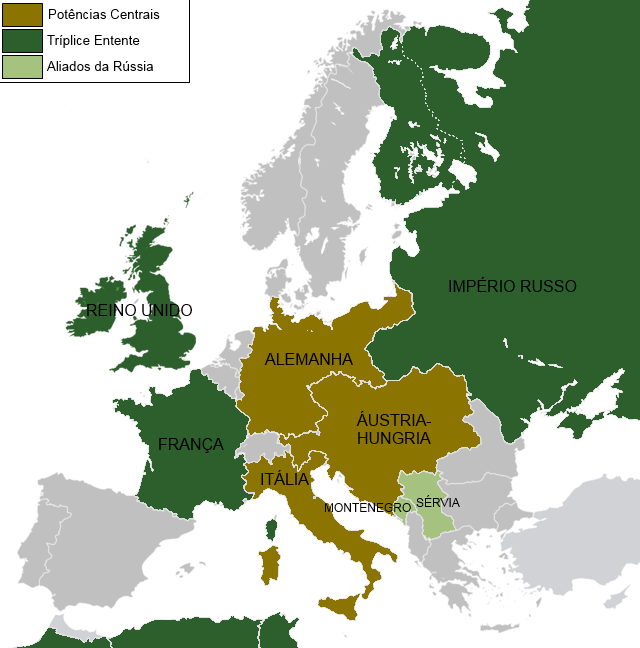 Alianças militares europeias em 1910. Os aliados da Tríplice Entente em verde escuro e as Potências Centrais da Tríplice Aliança em verde oliva. Imagem: Wikimedia Commons.